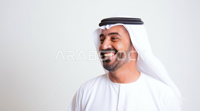 الشعور بالسرور والسعادة، الاهتمام بالأناقة والمظهر الخارجي، بورتريه مقرب لرجل عربي سعودي خليجي يرتدي الشماغ والثوب التقليدي ينظر إلى شيء ما يضحك بإيماءات البشاشة و الفرح، خلفية بيضاء