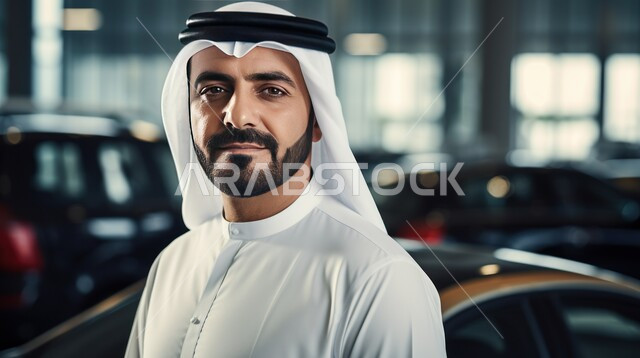 النظر إلى الكاميرا بإيماءات الثقة بالنفس، العناية والاهتمام بالمظهر الخارجي، صورة مقربة لرجل عربي سعودي خليجي وسيم مبتسم يرتدي الشماغ والثوب التقليدي يقف أمام السيارة، مفهوم الأناقة والرجولة