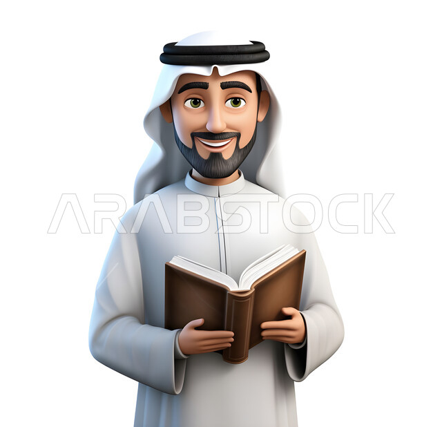 هواية المطالعة والاستطلاع، بورتريه ثلاثي الابعاد لرجل عربي اماراتي خليجي يرتدي الزي الإماراتي يحمل بيده كتاب، حب التعلم والثقافة والقراءة، مراجعة البحوث العلمية، انشطة تعليمية واثرائية، خلفية بيضاء