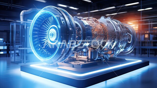 A three-dimensional illustration of an advanced jet engine, huge electronic devices and machines, a model of electric propellers for aircraft, a modern turbine engine, the progress of technology and technology, a Saudi vision for the future 2030.