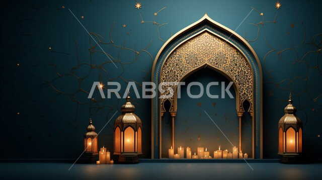 مجسمات ثلاثية الابعاد لفوانيس مضاءة، تحف واكسسوارات شهر رمضان المبارك، زينة وأنوار للاعياد والمناسبات، قدوم شهر الخير والبركة، خلفية زخارف اسلاميه ثري دي مع الشموع المشتعلة