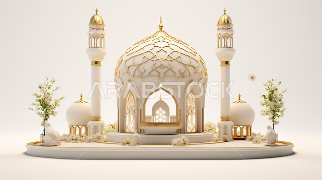 مجسمات ثلاثية الابعاد لمسجد أبيض وزخارف ذهبية فاخرة، زينة الاعياد والمناسبات الدينية، اماكن مقدسة للعبادة والتقرب الى الله، اسلاميات و عباده, خلفية اسلاميه ثري دي