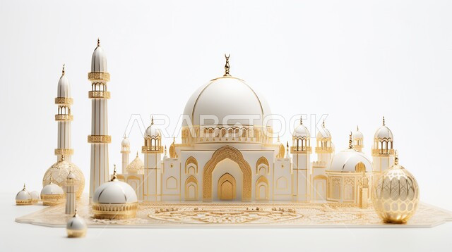 Holy places for worship and getting closer to God, Islamic matters and worshipers, 3D models of a white mosque and luxurious golden decorations, decorations for holidays and religious occasions, 3D Islamic background