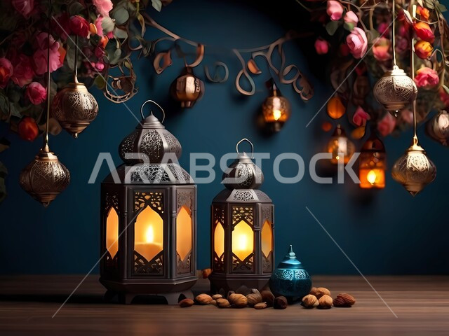 A luminous decorative metal Arabic lantern on a wooden table, lighting and decorations for the holy month of Ramadan, decorations and lights in the spiritual Ramadan atmosphere, Islamic geometric art for antiques and accessories, traditional Islamic lanterns and antiques to celebrate the coming of the month of goodness.