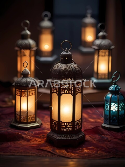  فوانيس عربية معدنية مزخرفة مضيئة على طاولة خشبية، إضاءة وزينة شهر رمضان المبارك، ديكورات وأنوار في الأجواء الرمضانية الروحانية، الفن الهندسي الاسلامي للتحف والاكسسوارات، تحف اسلامية تقليدية للاحتفال بقدوم شهر الخير