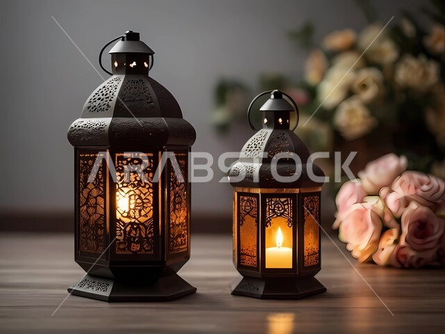 فوانيس و تحف اسلامية تقليدية للاحتفال بقدوم شهر الخير، فانوس عربي معدني مزخرف مضيء على طاولة خشبية، إضاءة وزينة شهر رمضان المبارك، ديكورات وأنوار في الأجواء الرمضانية الروحانية، الفن الهندسي الاسلامي للتحف والاكسسوارات