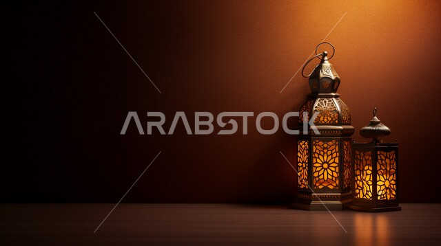 الفن الهندسي الاسلامي للتحف والاكسسوارات، فوانيس و تحف اسلامية تقليدية للاحتفال بقدوم شهر الخير، فانوس عربي معدني مزخرف مضيء على طاولة خشبية، إضاءة وزينة شهر رمضان المبارك، ديكورات وأنوار في الأجواء الرمضانية الروحانية