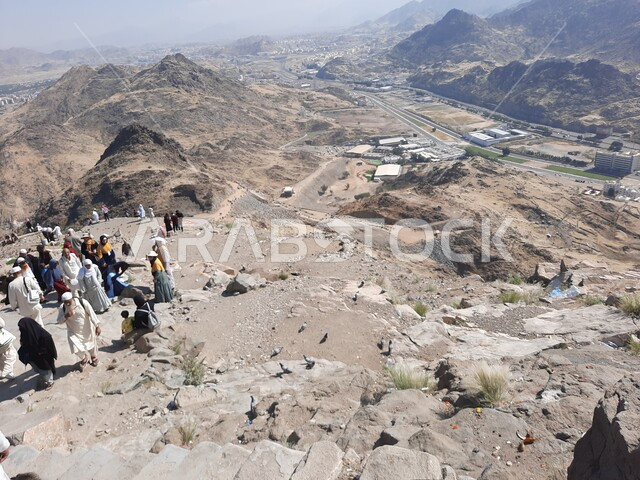 A distinct view of the Mountain of Light in Mecca, pilgrims from all over the world flocked to visit Hira Cave, mountain peaks and heights, famous religious landmarks in the Kingdom of Saudi Arabia, holy Islamic places