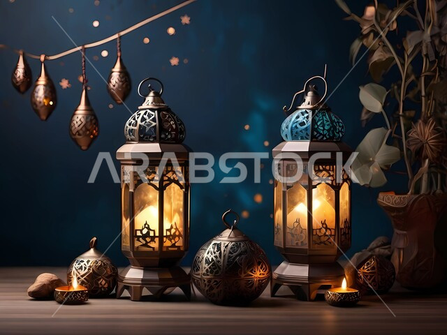 Luminous decorative metal Arabic lanterns on a wooden table, lighting and decorations for the holy month of Ramadan, decorations and lights in the spiritual Ramadan atmosphere, Islamic geometric art for antiques and accessories, traditional Islamic antiques to celebrate the coming of the month of goodness.