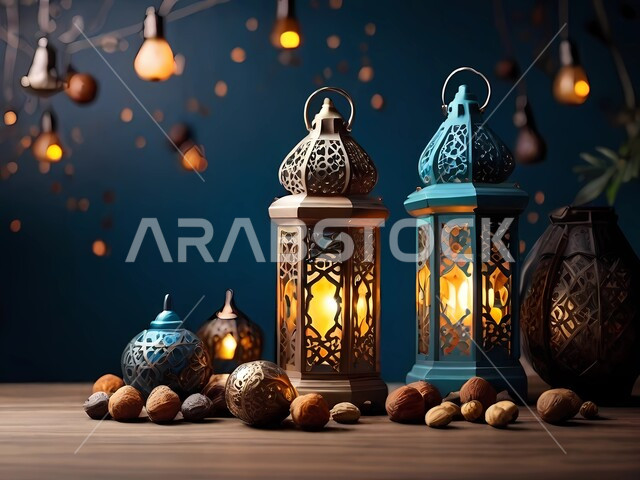 Luminous decorative metal Arabic lanterns on a wooden table, lighting and decorations for the holy month of Ramadan, decorations and lights in the spiritual Ramadan atmosphere, Islamic geometric art for antiques and accessories, traditional Islamic antiques to celebrate the coming of the month of goodness.