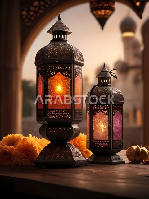  فوانيس عربية معدنية مزخرفة مضيئة على طاولة خشبية، إضاءة وزينة شهر رمضان المبارك، ديكورات وأنوار في الأجواء الرمضانية الروحانية، الفن الهندسي الاسلامي للتحف والاكسسوارات، تحف اسلامية تقليدية للاحتفال بقدوم شهر الخير