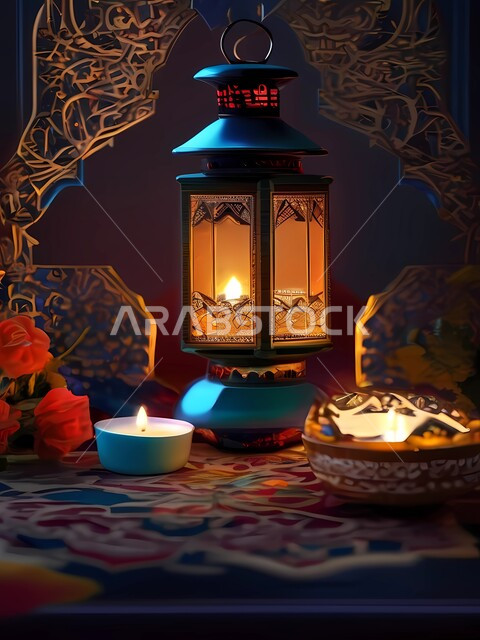 Lighting and decorations for the holy month of Ramadan, illuminated decorative metal Arabic lantern, decorations and lights in the spiritual Ramadan atmosphere, Islamic geometric art for antiques and accessories, traditional Islamic antiques to celebrate the coming of the month of goodness.