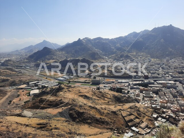 Distinctive landscapes on Jabal Al Nour, rock formations and formations, mountain peaks and heights in Mecca, famous religious landmarks in the Kingdom of Saudi Arabia, houses and residential buildings, Islamic holy places