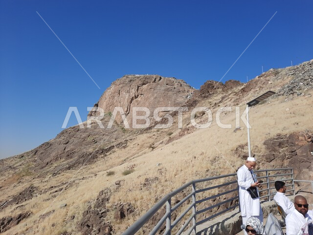 Mountainous nature, peaks and heights, rock formations and formations on Jabal Al-Nour in Mecca, visitors and tourists flock from all over the world to visit Hira Cave, famous religious landmarks in the Kingdom of Saudi Arabia, Islamic holy place