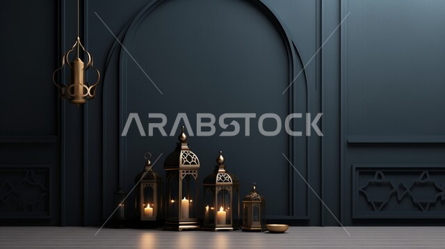 Luminous decorative metal Arabic lanterns, lighting and decorations for the holy month of Ramadan, decorations and lights in the spiritual Ramadan atmosphere, Islamic geometric art for antiques and accessories, traditional Islamic antiques to celebrate the coming of the month of goodness.