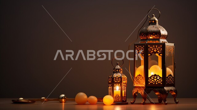 التحف والاكسسوارات بتصميم إسلامي، فوانيس و مصابيح اسلامية تقليدية للاحتفال بقدوم شهر الخير، فانوس عربي معدني مزخرف مضيء على طاولة خشبية، إضاءة وزينة شهر رمضان المبارك، ديكورات وأنوار في الأجواء الرمضانية الروحانية