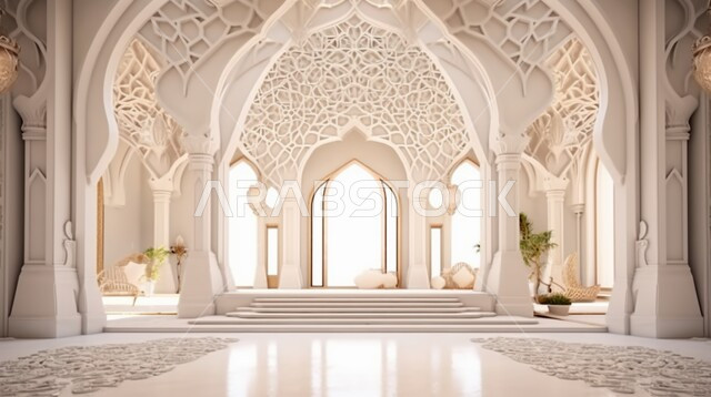 A white marble room with Arabic-Islamic decorations, distinct interior decorations, luxurious modern designs, residential apartments and villas, geometric art in the modern Islamic style.