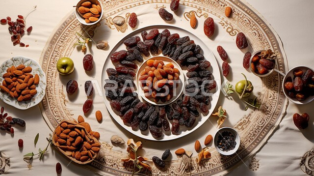 Delicious healthy dates and nuts, delicious Ramadan hospitality, healthy and beneficial food, a highly important nutritional meal, local Saudi national agricultural products and crops, a table full of fresh dishes of dates, raisins and almonds.