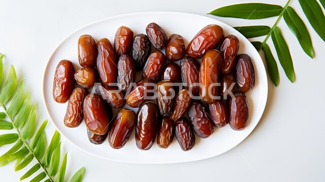 Delicious Ramadan hospitality, a plate full of fresh dates, delicious healthy dates, healthy and beneficial food, a highly important nutritional meal, local Saudi national agricultural products and crops.