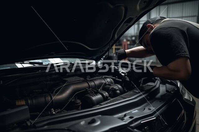 ورشات ومعامل الصيانة في المملكة العربية السعودية، أعمال الفحص والتشييك على أجزاء السيارة, صورة مقربة لميكانيكي يقوم بإصلاح قطع المحرك الخاصة بالسيارة، مركز ميكانيك لفحص السيارات ومتابعة الصيانة الدورية