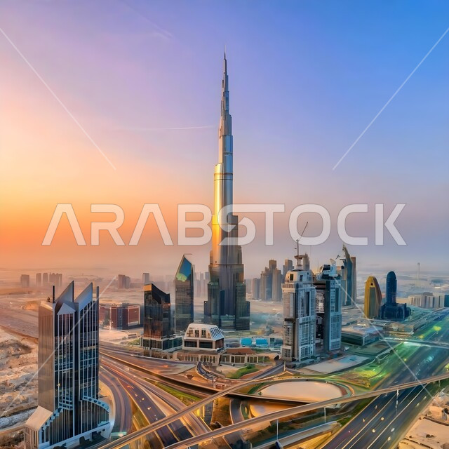 شبكة الطرق والشوارع المعبدة، الفن الهندسي المعماري المتقدم للأبراج وناطحات السحاب، العمل على تنمية وتطوير المباني، صورة جوية لبرج خليفة في إمارة دبي في وقت غروب الشمس، معالم سياحية مشهورة في الإمارات العربية المتحدة