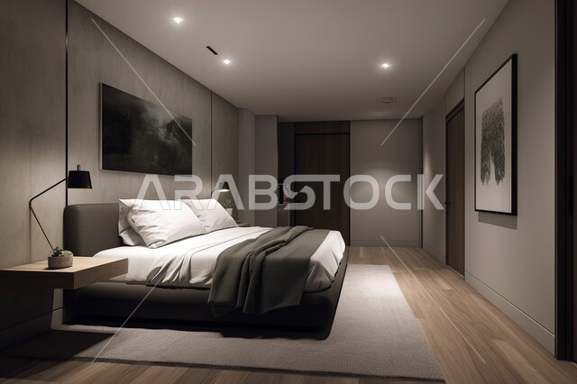 غرفة نوم مع سرير ووسائد مريحة وإضاءة هادئة، فلل وشقق سكنية بديكورات متطورة، الاهتمام بالديكور والتصاميم الداخلية في الفنادق والمنتجعات الحديثة، أثاث منزلي راقي وأنيق