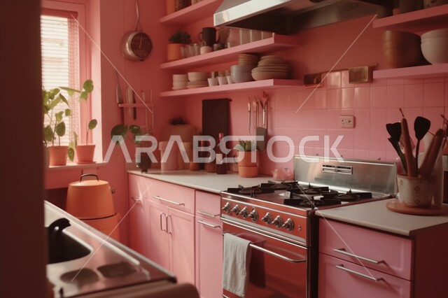 Kitchen with pink interior decorations and designs, distinguished architectural arts, apartments and residential houses in Saudi Arabia, using modern artistic style in home furniture
