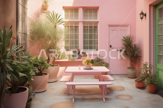  ديكورات داخلية أنيقة، طاولة طعام في شرفة منزلية, شقق ومنازل سكنية, التصاميم الهندسية العصرية للبيوت, مكان التجمع العائلي المسائي، الاهتمام بنباتات الزينة الخضراء الطبيعية