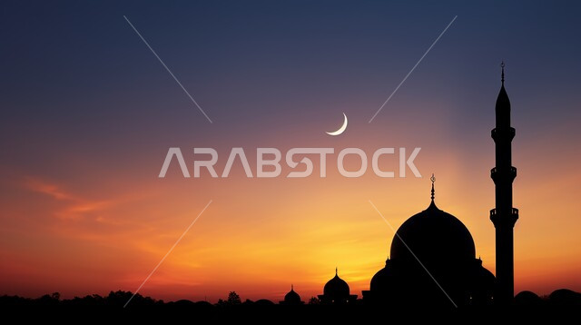 الفن الهندسي المعماري على الطراز الإسلامي الحديث لمسجد في وقت غروب الشمس، صورة ظلية للقبب والمآذن، العبادة والتقرب إلى الله، نداء المسلمين لآداء الصلوات والفرائض، معالم دينية إسلامية