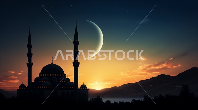 منظر الهلال في السماء، الفن الهندسي المعماري على الطراز الإسلامي الحديث لمسجد في وقت غروب الشمس، صورة ظلية للقبب والمآذن، العبادة والتقرب إلى الله، نداء المسلمين لآداء الصلوات والفرائض، معالم دينية إسلامية