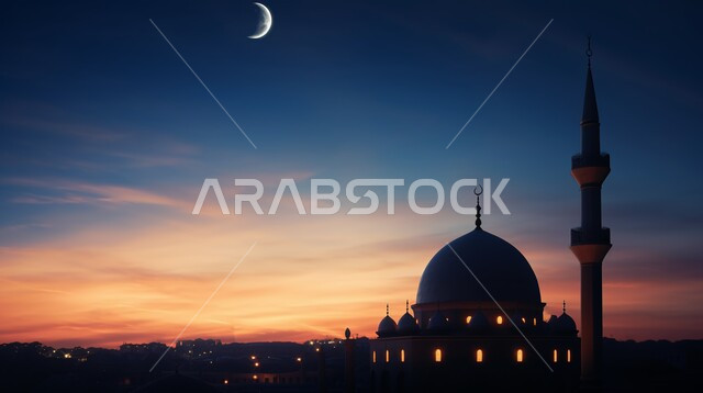 منظر الهلال في السماء، الفن الهندسي المعماري على الطراز الإسلامي، صورة ظلية لمسجد مضاء في وقت غروب الشمس، العبادة والتقرب إلى الله، نداء المسلمين لآداء الصلوات والفرائض، معالم دينية إسلامية