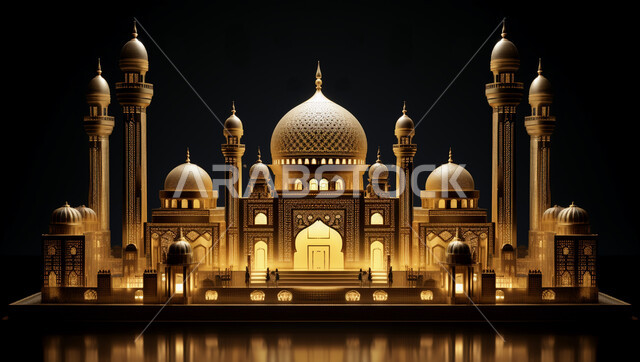 اماكن مقدسة للعبادة والتقرب الى الله، اسلاميات و عباده, مجسمات ثلاثية الابعاد لمسجد ذهبي بزخارف فاخرة، زينة الاعياد والمناسبات الدينية، خلفيات اسلاميه ثري دي للاحتفال بقدوم شهر الخير، خلفية سوداء