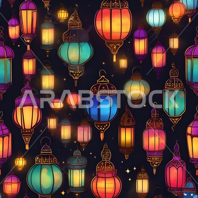  فوانيس عربية معدنية مزخرفة مضيئة وملونة، إضاءة وزينة شهر رمضان المبارك، ديكورات وأنوار في الأجواء الرمضانية الروحانية، الفن الهندسي الاسلامي للتحف والاكسسوارات، تحف اسلامية تقليدية للاحتفال بقدوم شهر الخير