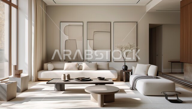 A living room with modern contemporary designs, distinct interior decorations in a modern style, residential apartments and villas, luxury hotels and resorts, living rooms with comfortable white home furniture, upscale antiques and accessories.