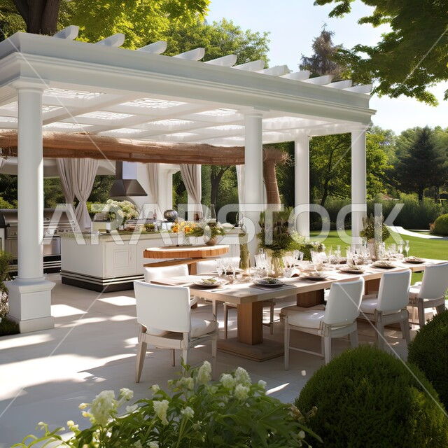 تصاميم عصرية حديثة لجلسة خارجية، الاهتمام في زراعه الاشجار والنباتات الخضراء في حديقة مجمع سكني فاخر، الفن الهندسي المعماري للشقق و الفلل السكنية، جلسات صيفية راقية بأثاث أبيض راقي