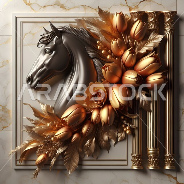 تصاميم فنية عصرية للديكورات الداخلية التراثية التقليدية، مجسم جداري ثلاثي الأبعاد لرأس حصان فضي عربي اصيل مزين بالورود الذهبية الكبيرة، الشغف بالخيول العربية السعودية، رمز الفروسية والشجاعه