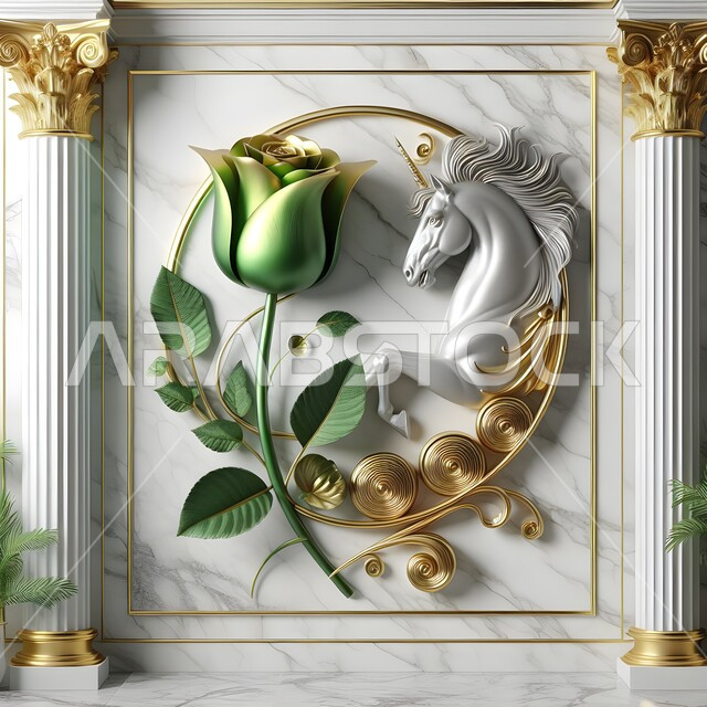 زينة واكسسوارات ذهبيه، رمز الفروسية والشجاعه، تصاميم فنية مبتكرة للديكورات والمجسمات التراثية التقليدية، مجسم جداري ثلاثي الأبعاد لرأس حصان أبيض عربي اصيل مع وردة خضراء، الشغف بالخيول العربية السعودية