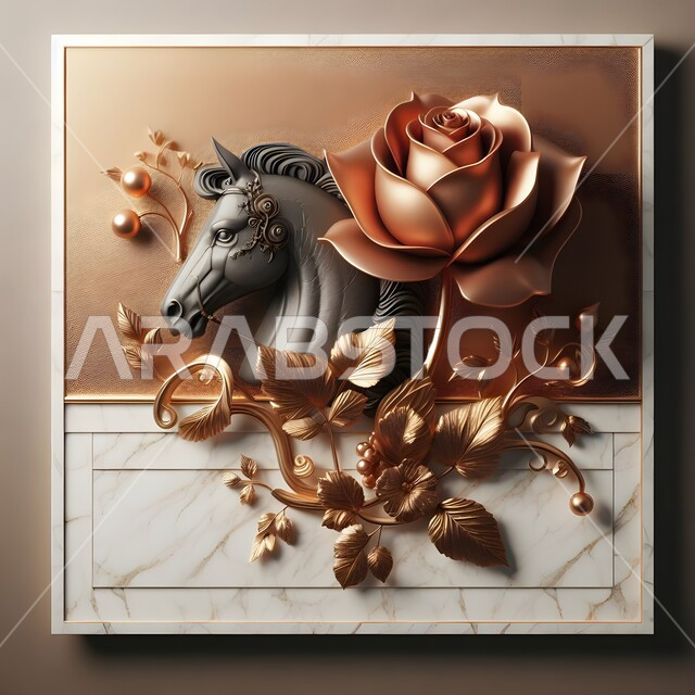 مجسم جداري ثلاثي الأبعاد لرأس حصان فضي عربي اصيل مع وردة ذهبية كبيرة، الشغف بالخيول العربية السعودية، رمز الفروسية والشجاعه، تصاميم فنية عصرية للديكورات الداخلية التراثية التقليدية