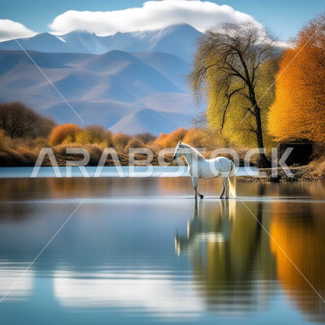 Purebred white Arabian horses in the green forest, a farm for breeding and training horses in the Kingdom of Saudi Arabia, inheriting the love of horses among the people of the country, interest and care for horses in the natural environment