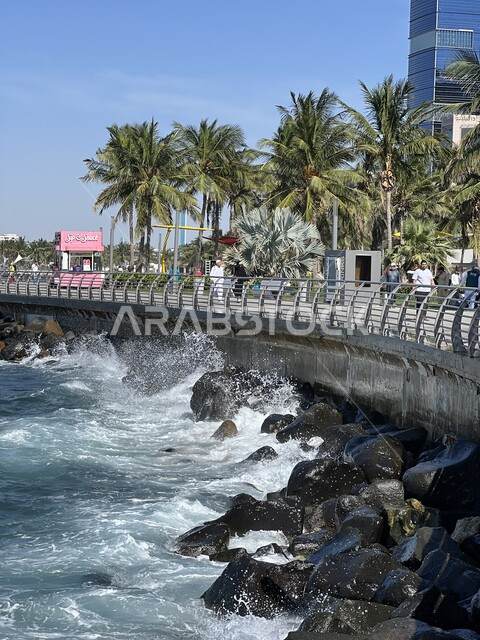 الواجهة البحرية في المملكة العربية السعودية, الاستمتاع بالمناظر الطبيعية المائية, الأبراج وناطحات السحاب في المدينة الساحلية, الفن الهندسي المعماري للمنشآت المطلة على ساحل البحر الأحمر في مدينة جدة, الأفق والمعالم التجارية المشهورة في النهار