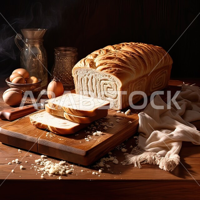 Fresh popular baked goods, Arabic breakfast, baking ingredients and kitchen tools on a wooden base, Saudi Gulf Arab bakeries for making delicious pastries and cakes