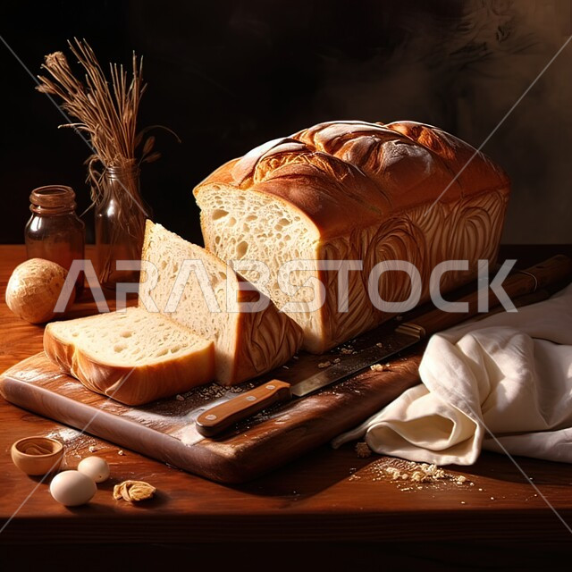 مخابز عربية خليجية سعودية لصنع المعجنات والكيك الشهي، مخبوزات شعبية طازجة، وجبة فطور عربية، مكونات الخبز وأدوات المطبخ على قاعدة خشبية