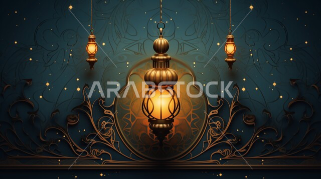 الفن الهندسي الاسلامي للتحف والاكسسوارات، فوانيس و تحف اسلامية تقليدية للاحتفال بقدوم شهر الخير، فانوس عربي معدني مزخرف مضيء، إضاءة وزينة شهر رمضان المبارك، ديكورات وأنوار في الأجواء الرمضانية الروحانية