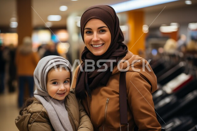 النظر الى الكاميرا بايماءات السعادة والسرور, إمرأة عربية خليجية سعودية مبتسمة ترتدي الحجاب تقوم بالتسوق في المول برفقة ابنتها، قضاء وقت ممتع مع الأطفال في المركز التجاري