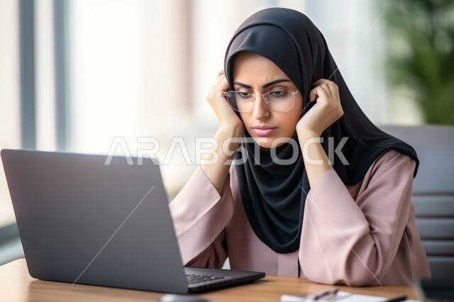 التعب من ضغوطات العمل, شرود الذهن والتفكير في حل المشكلات, موظفة عربية خليجية سعودية محجبة ترتدي النظارة الطبية تعمل على جهاز الحاسوب المحمول بإيماءات الحزن والضجر, مهن ووظائف مكتبية نسائية, إدارة شؤون الأعمال وتنظيمها في مقر الشركة