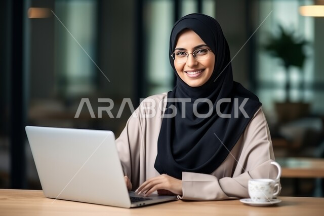 Business management and organization within the company’s headquarters, female office professions and jobs, a smiling Saudi Arabian Gulf woman wearing the hijab and medical glasses working on the laptop, looking at the camera with expressions of pleasure and happiness to accomplish the tasks, comfortable work environment in Saudi companies