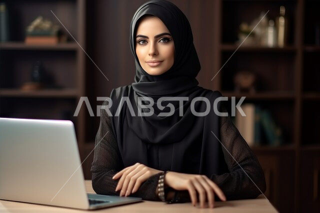 استخدام الوسائل التقنية الحديثة والمتطورة لإنجاز المهام، مهن ووظائف مكتبية نسائية, إدارة وتنظيم الأعمال ضمن مقر الشركة, امرأة عربية خليجية سعودية مبتسمة محجبة ترتدي العباءة السوداء تعمل على الحاسب المحمول, بيئة العمل المريحة في الشركات السعودية