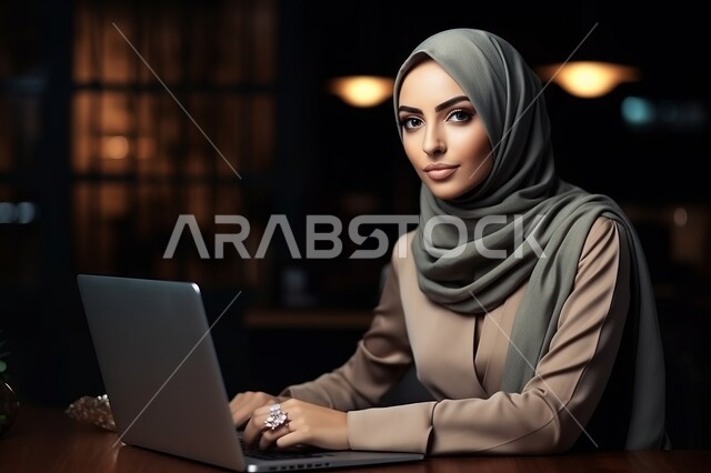 Business management and organization within the company’s headquarters, a comfortable work environment in the Kingdom’s companies, the use of modern and advanced technical means to accomplish tasks, female office professions and jobs, a smiling, veiled Saudi Gulf Arab woman working on a laptop