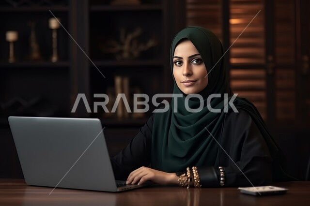 استخدام الوسائل التقنية الحديثة والمتطورة لإنجاز المهام، مهن ووظائف مكتبية نسائية, إدارة وتنظيم الأعمال ضمن مقر الشركة, امرأة عربية خليجية سعودية مبتسمة محجبة ترتدي العباءة السوداء تعمل على الحاسب المحمول, بيئة العمل المريحة في الشركات السعودية