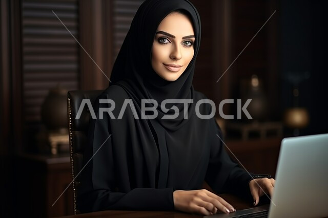 بيئة العمل المريحة في شركات المملكة، استخدام الوسائل التقنية الحديثة والمتطورة لإنجاز المهام، مهن ووظائف مكتبية نسائية, إدارة وتنظيم الأعمال ضمن مقر الشركة, امرأة عربية خليجية سعودية مبتسمة محجبة ترتدي العباءة السوداء تعمل على الحاسب المحمول